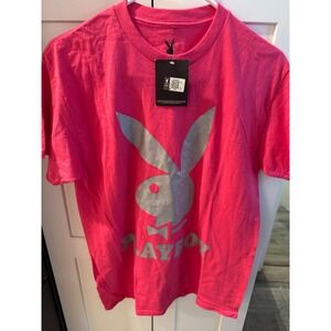 Playboy Pink Glitter Bunny Logo Graphic T-Shirt Medium NWT